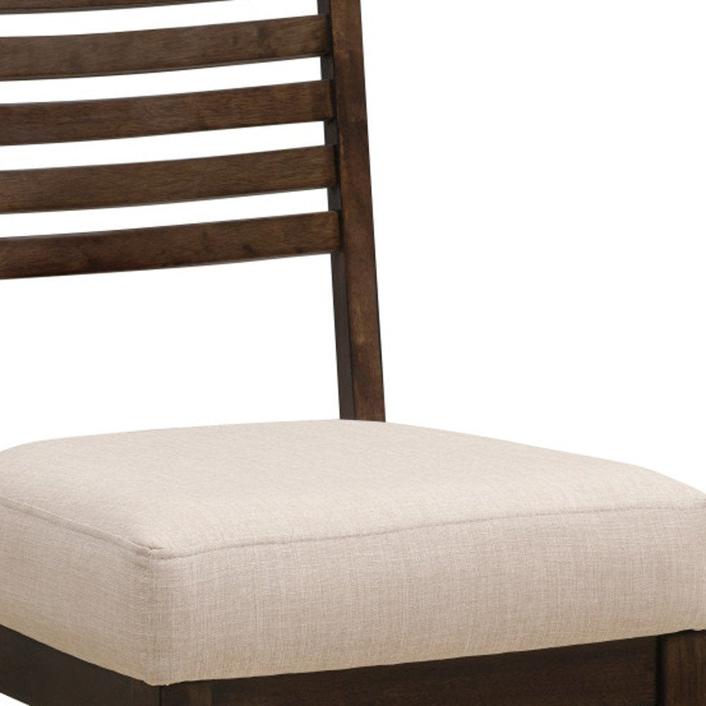 Set of Two Ivory And Dark Brown Linen And Solid Wood Slat Back Dining Side Chairs