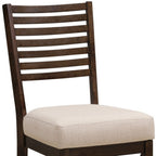 Set of Two Ivory And Dark Brown Linen And Solid Wood Slat Back Dining Side Chairs