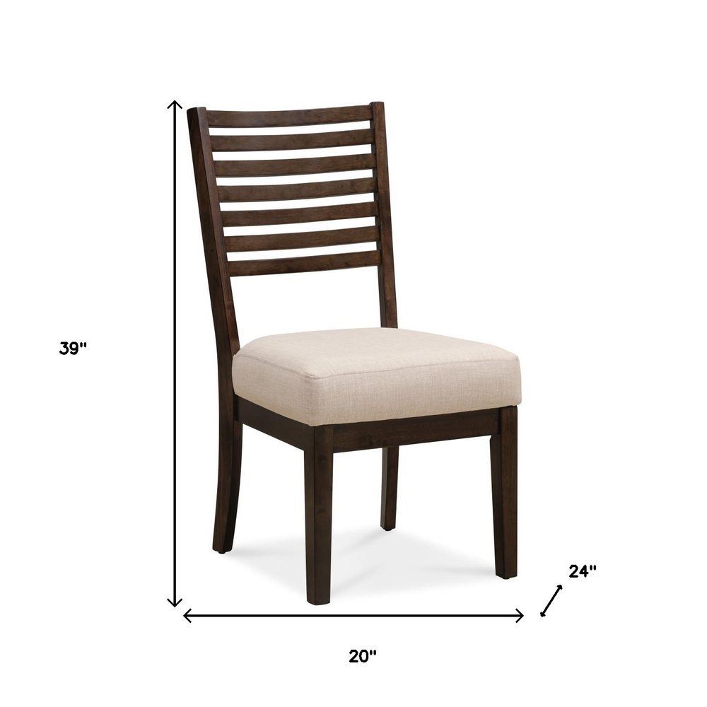 Set of Two Ivory And Dark Brown Linen And Solid Wood Slat Back Dining Side Chairs