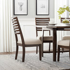 Set of Two Ivory And Dark Brown Linen And Solid Wood Slat Back Dining Side Chairs
