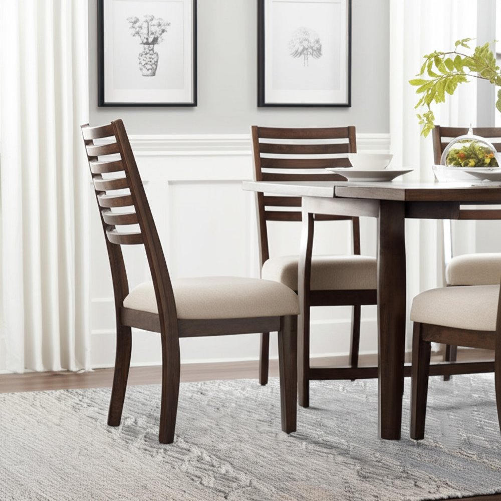 Set of Two Ivory And Dark Brown Linen And Solid Wood Slat Back Dining Side Chairs