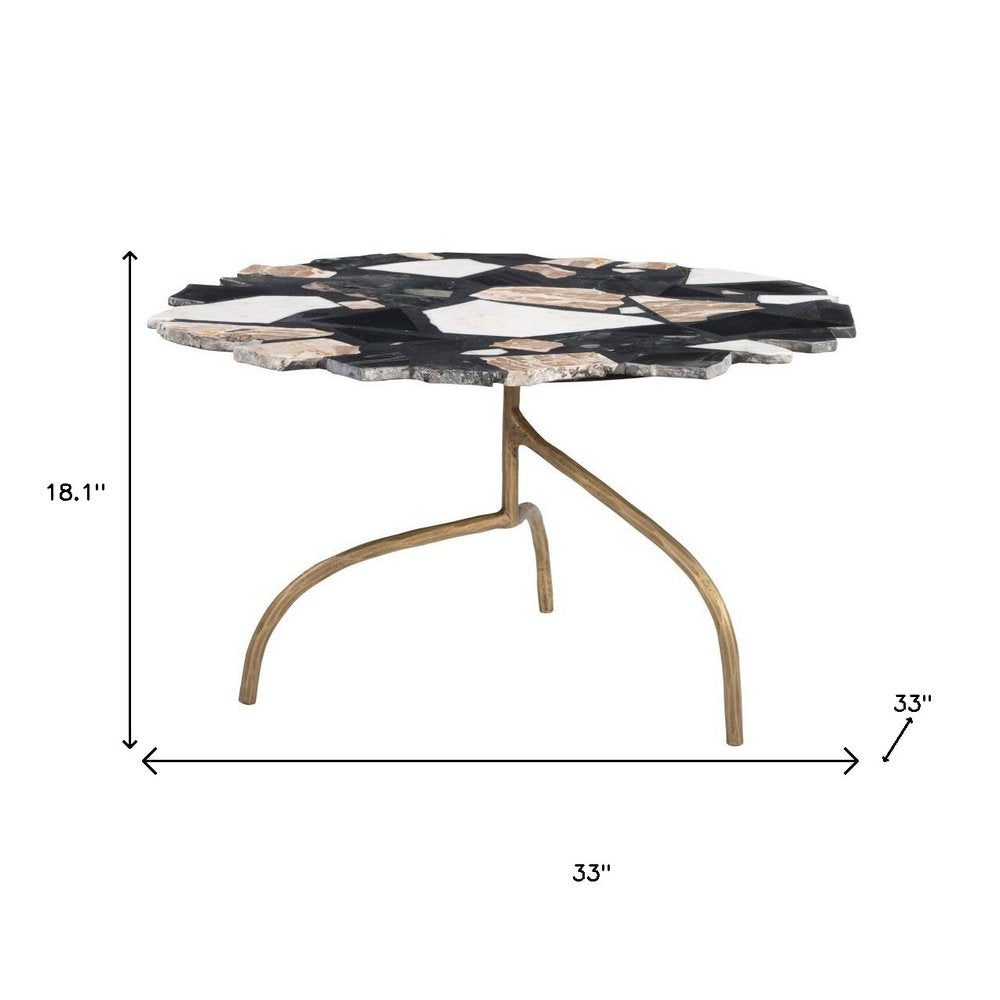 33" Black Brown White and Gold Terrazzo and Iron Coffee Table