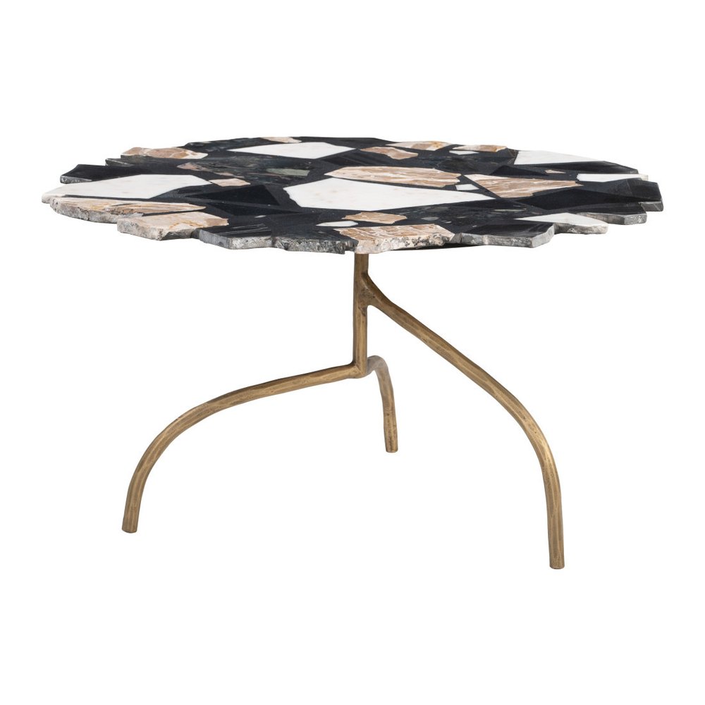 33" Black Brown White and Gold Terrazzo and Iron Coffee Table