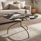 33" Black Brown White and Gold Terrazzo and Iron Coffee Table