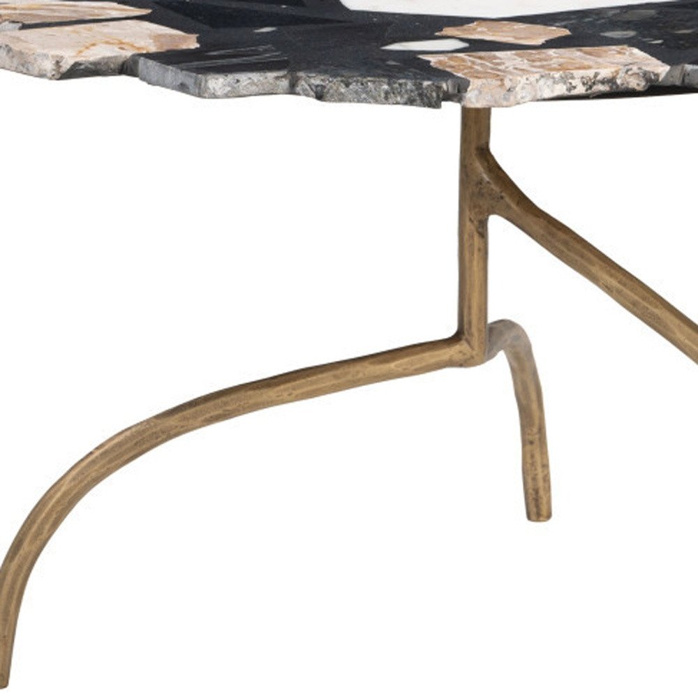 33" Black Brown White and Gold Terrazzo and Iron Coffee Table