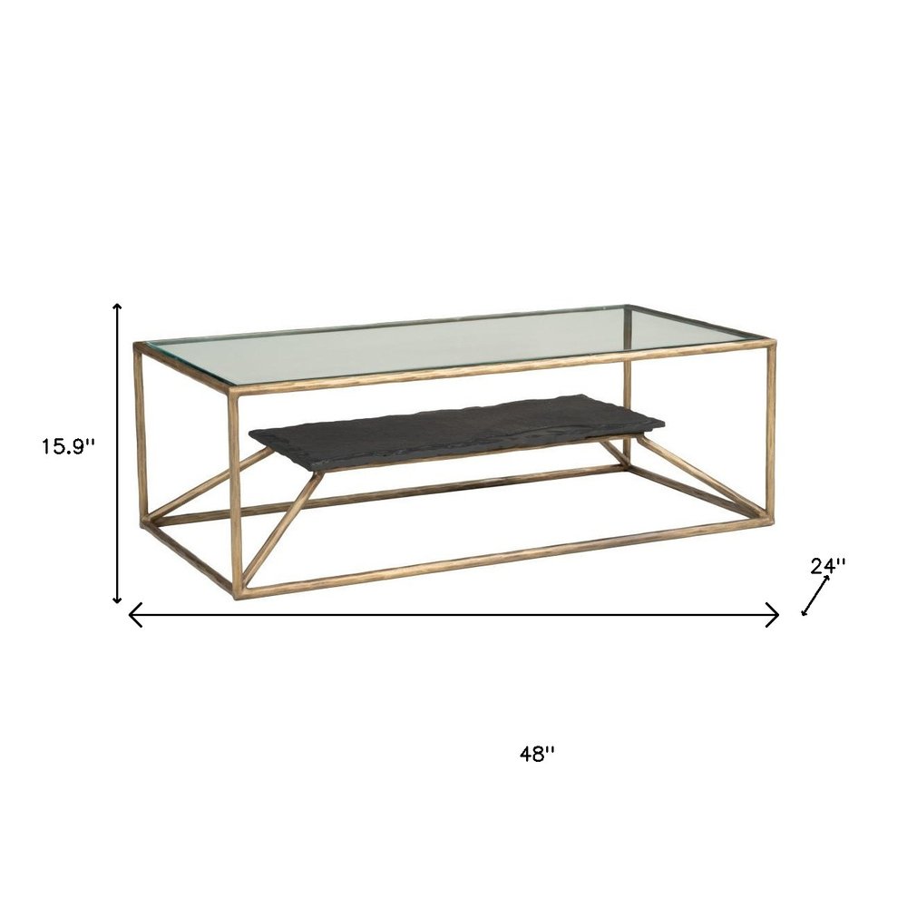 48" Clear Black and Brass Glass and Iron Frame Coffee Table