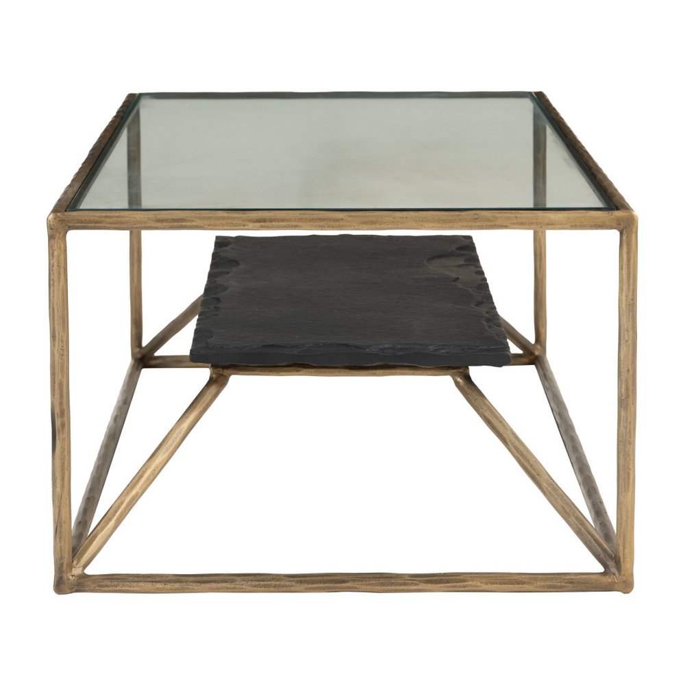 48" Clear Black and Brass Glass and Iron Frame Coffee Table
