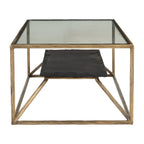 48" Clear Black and Brass Glass and Iron Frame Coffee Table