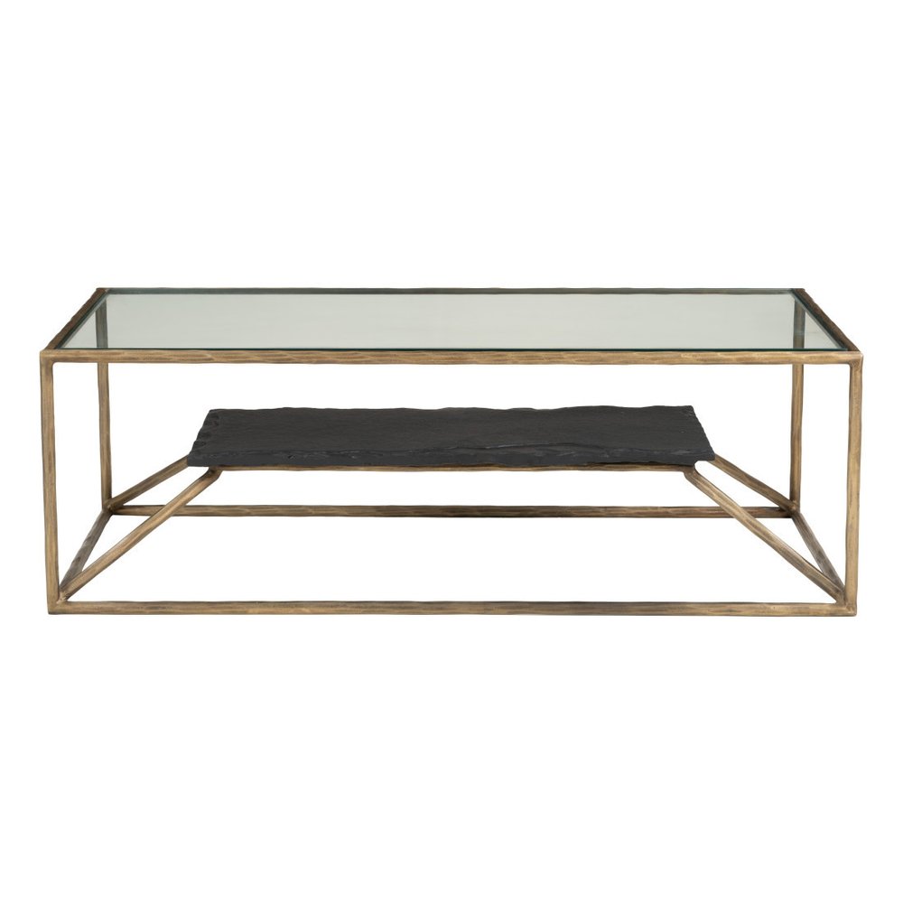 48" Clear Black and Brass Glass and Iron Frame Coffee Table