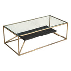 48" Clear Black and Brass Glass and Iron Frame Coffee Table