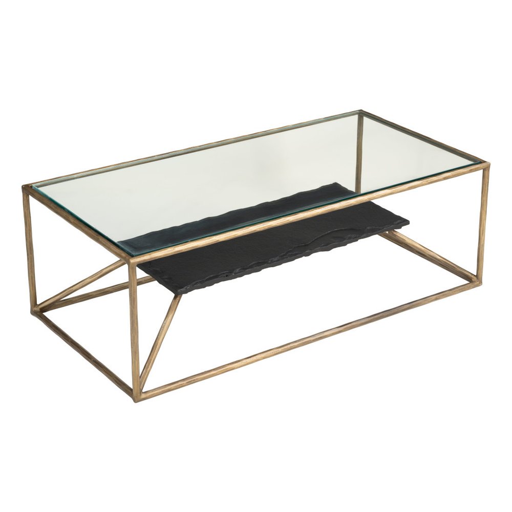 48" Clear Black and Brass Glass and Iron Frame Coffee Table