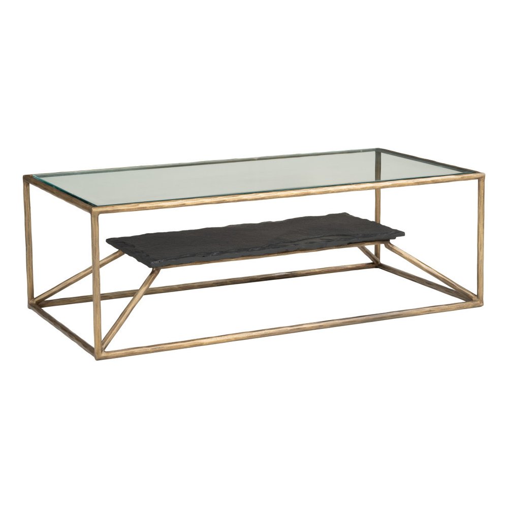 48" Clear Black and Brass Glass and Iron Frame Coffee Table
