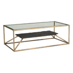 48" Clear Black and Brass Glass and Iron Frame Coffee Table