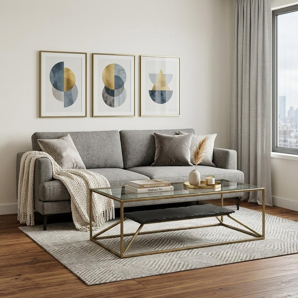 48" Clear Black and Brass Glass and Iron Frame Coffee Table