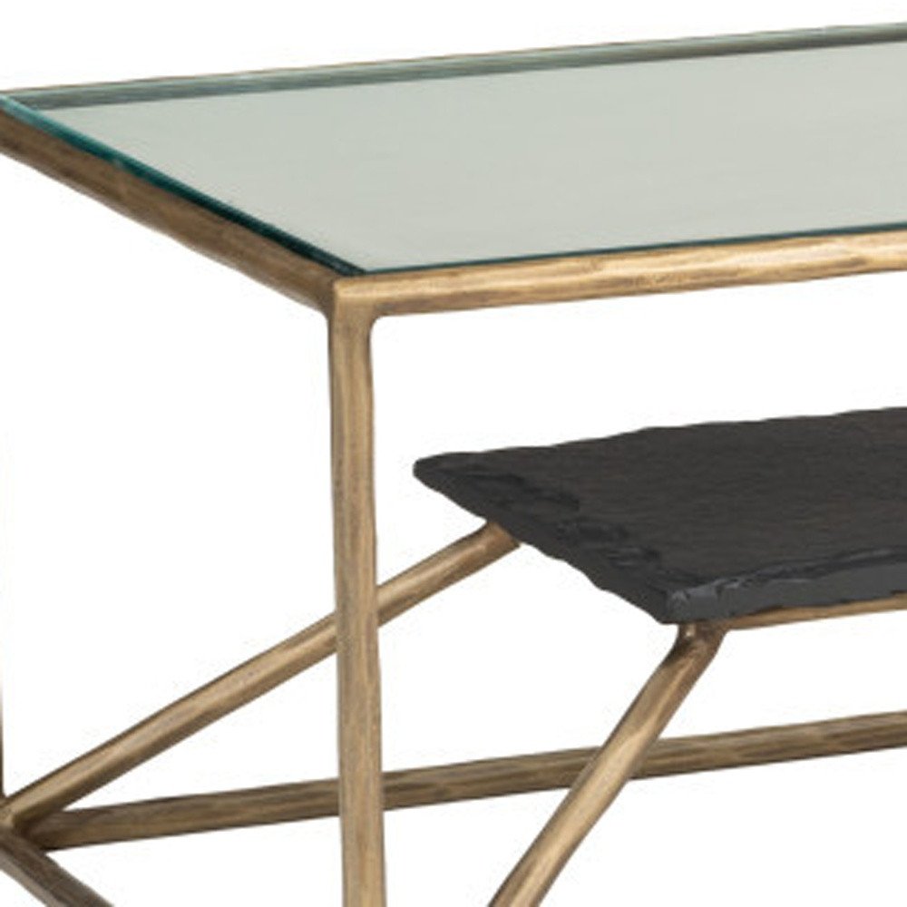 48" Clear Black and Brass Glass and Iron Frame Coffee Table