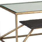 48" Clear Black and Brass Glass and Iron Frame Coffee Table