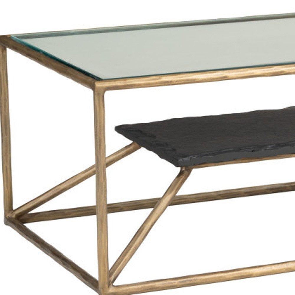 48" Clear Black and Brass Glass and Iron Frame Coffee Table