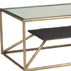 48" Clear Black and Brass Glass and Iron Frame Coffee Table