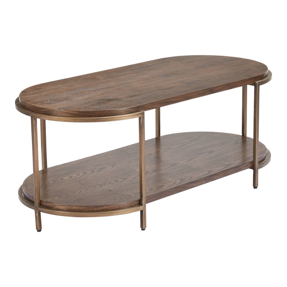 48" Brown Wood And Steel Oval Two Tier Coffee Table