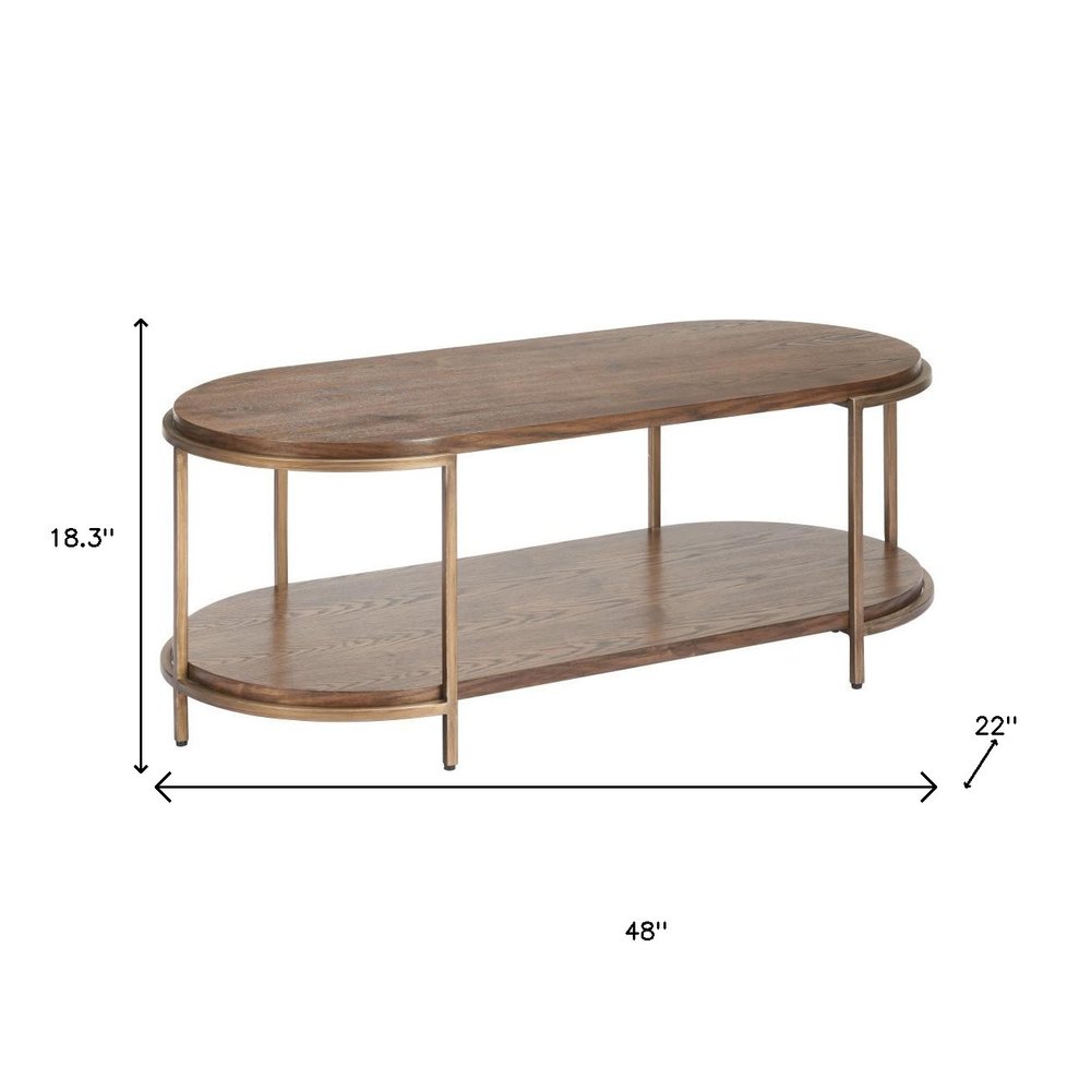 48" Brown Wood And Steel Oval Two Tier Coffee Table