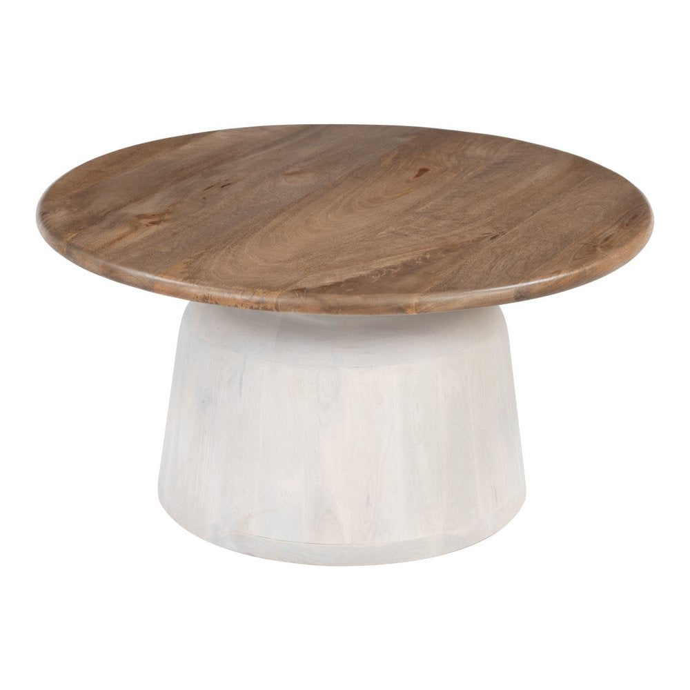 32" Brown and White Solid Wood Round Pedestal Coffee Table