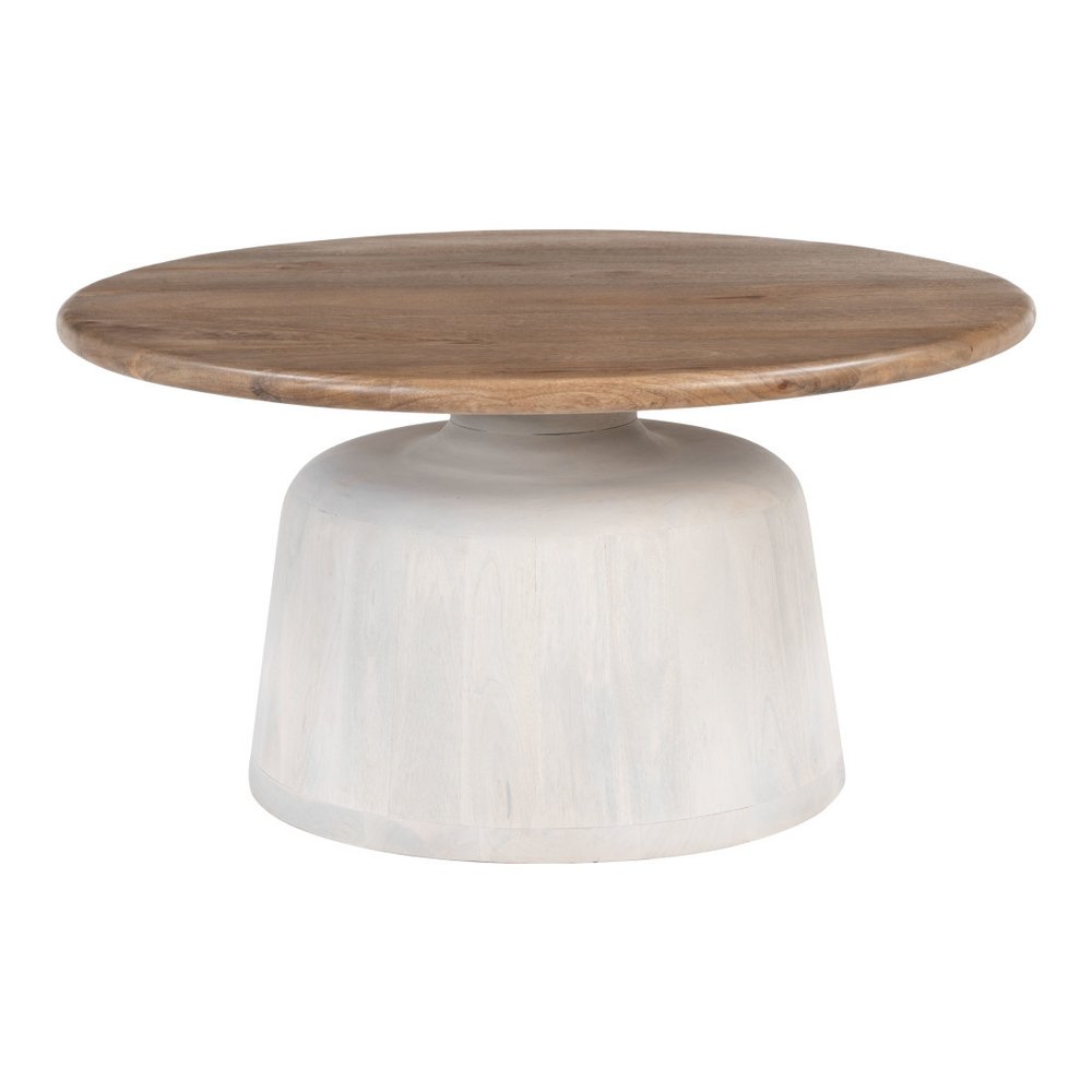32" Brown and White Solid Wood Round Pedestal Coffee Table