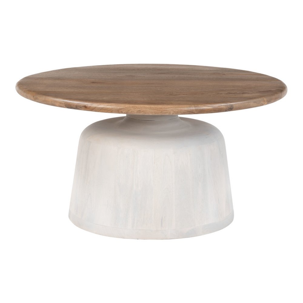 32" Brown and White Solid Wood Round Pedestal Coffee Table