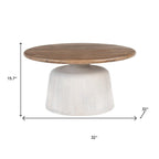 32" Brown and White Solid Wood Round Pedestal Coffee Table
