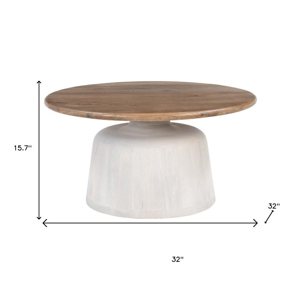 32" Brown and White Solid Wood Round Pedestal Coffee Table