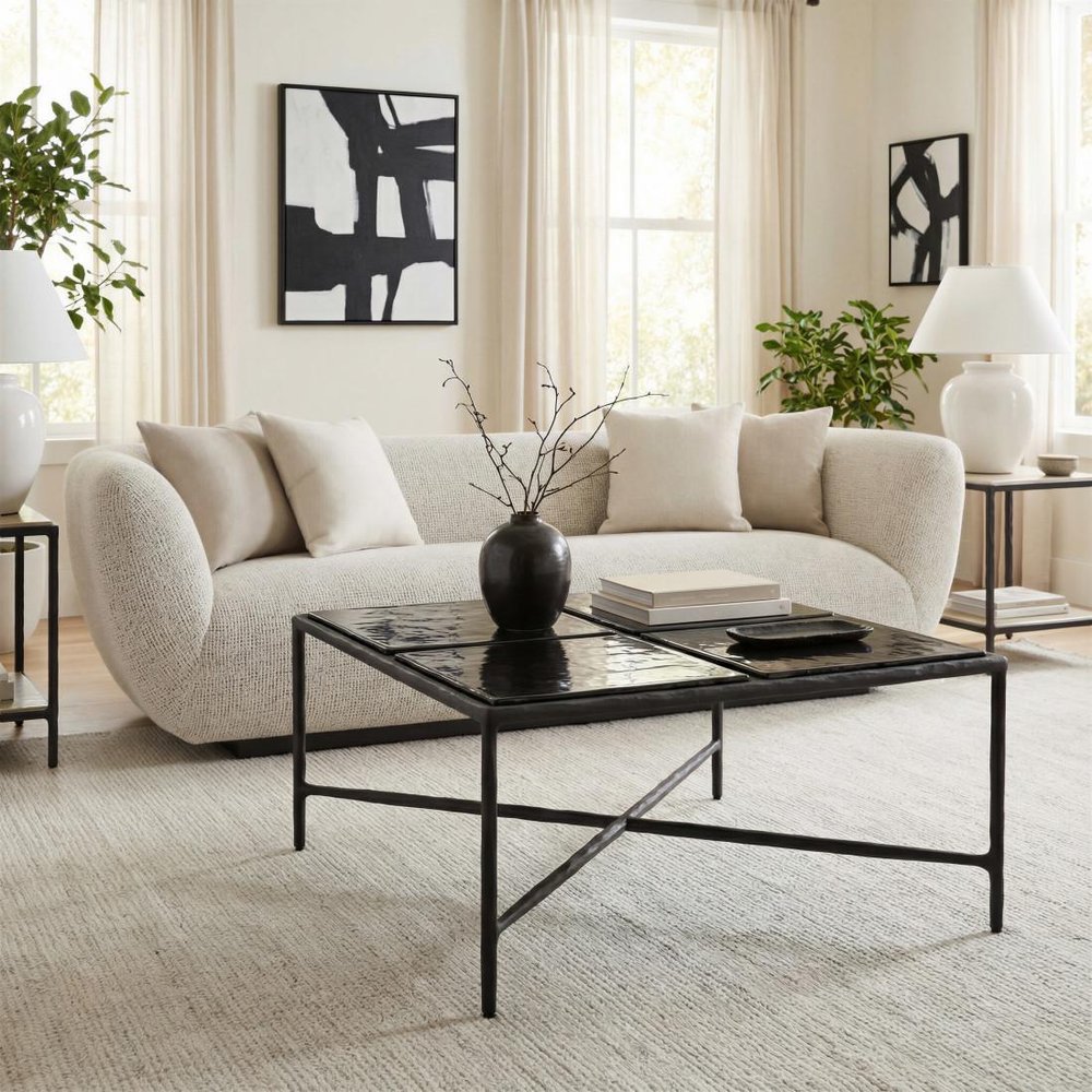 31" Black Glass and Aluminum Square Coffee Table