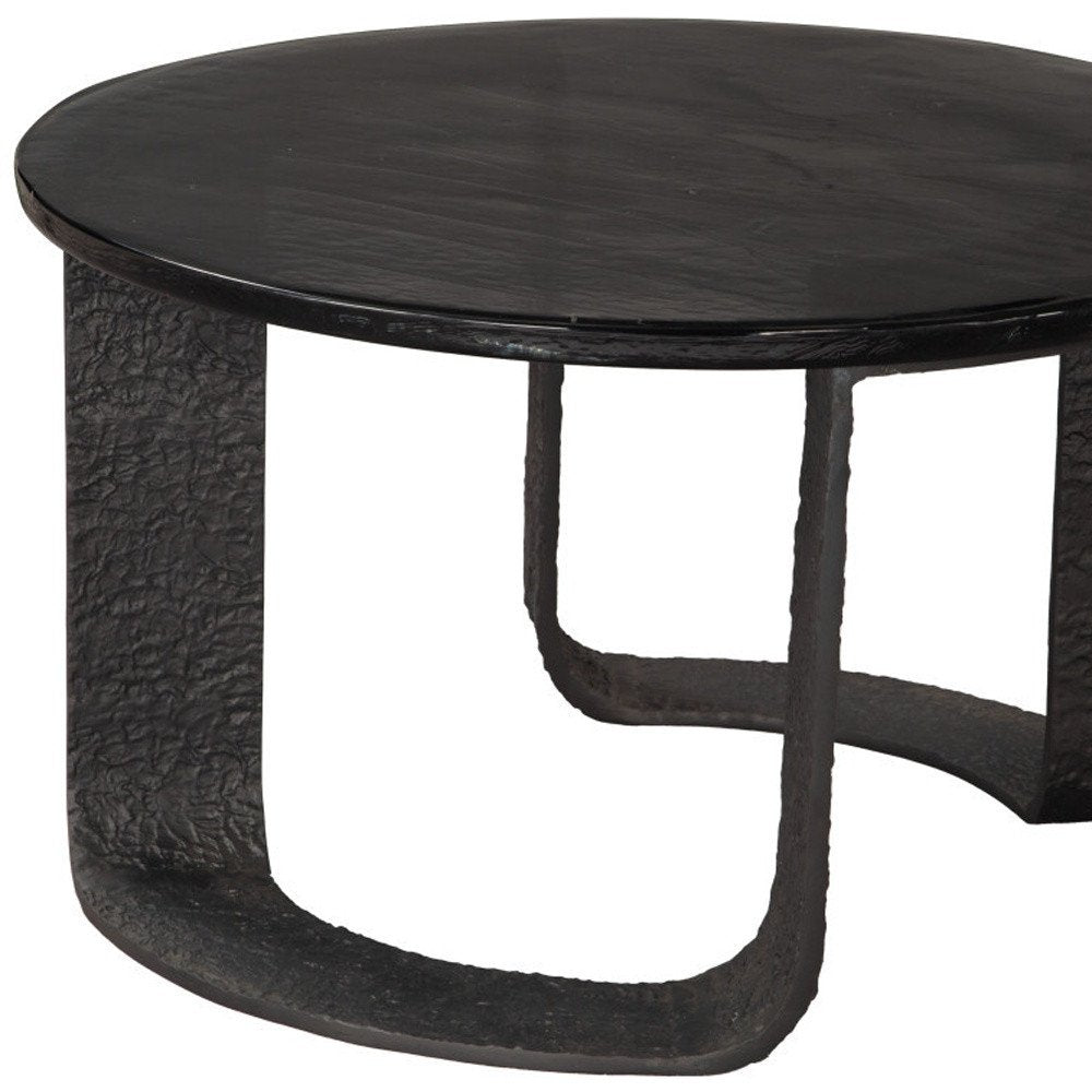 32" Black Glass and Aluminum Round Pedestal Coffee Table