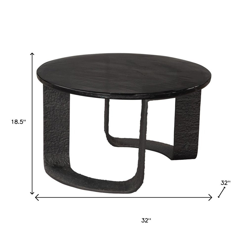 32" Black Glass and Aluminum Round Pedestal Coffee Table