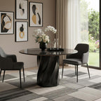 48" Black Marble and Wood Pedestal Base Round Top Dining Table