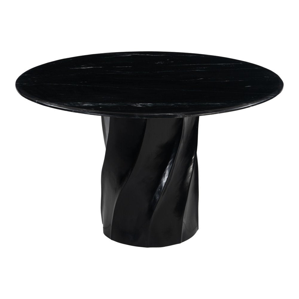 48" Black Marble and Wood Pedestal Base Round Top Dining Table