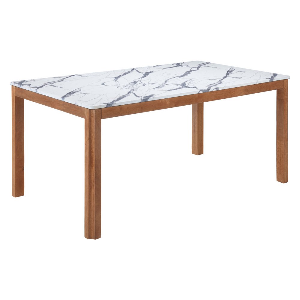63" White and Natural Faux Marble and Solid Wood Dining Table