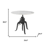 34" White and Black Marble and Iron Adjustable Height Round Bar Table