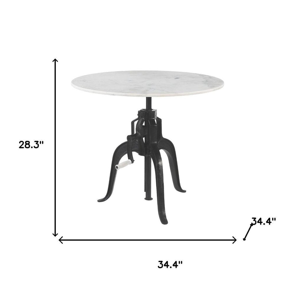 34" White and Black Marble and Iron Adjustable Height Round Bar Table
