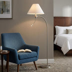 68" Nickel Metal Reading Floor Lamp With White Fabric Empire Shade