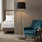 60" Antiqued Brass Metal Floor Lamp With Black Fabric Drum Shade