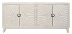 76" Ivory Distressed Solid Wood Carved Geometric Sideboard with Four Doors