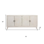 76" Ivory Distressed Solid Wood Carved Geometric Sideboard with Four Doors