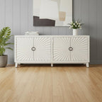 76" Ivory Distressed Solid Wood Carved Geometric Sideboard with Four Doors