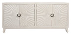 76" Ivory Distressed Solid Wood Carved Geometric Sideboard with Four Doors