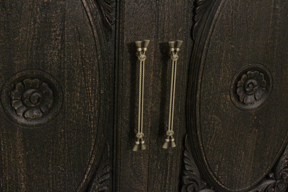 73" Black Distressed Solid Wood Carved Floral Sideboard with Four Doors