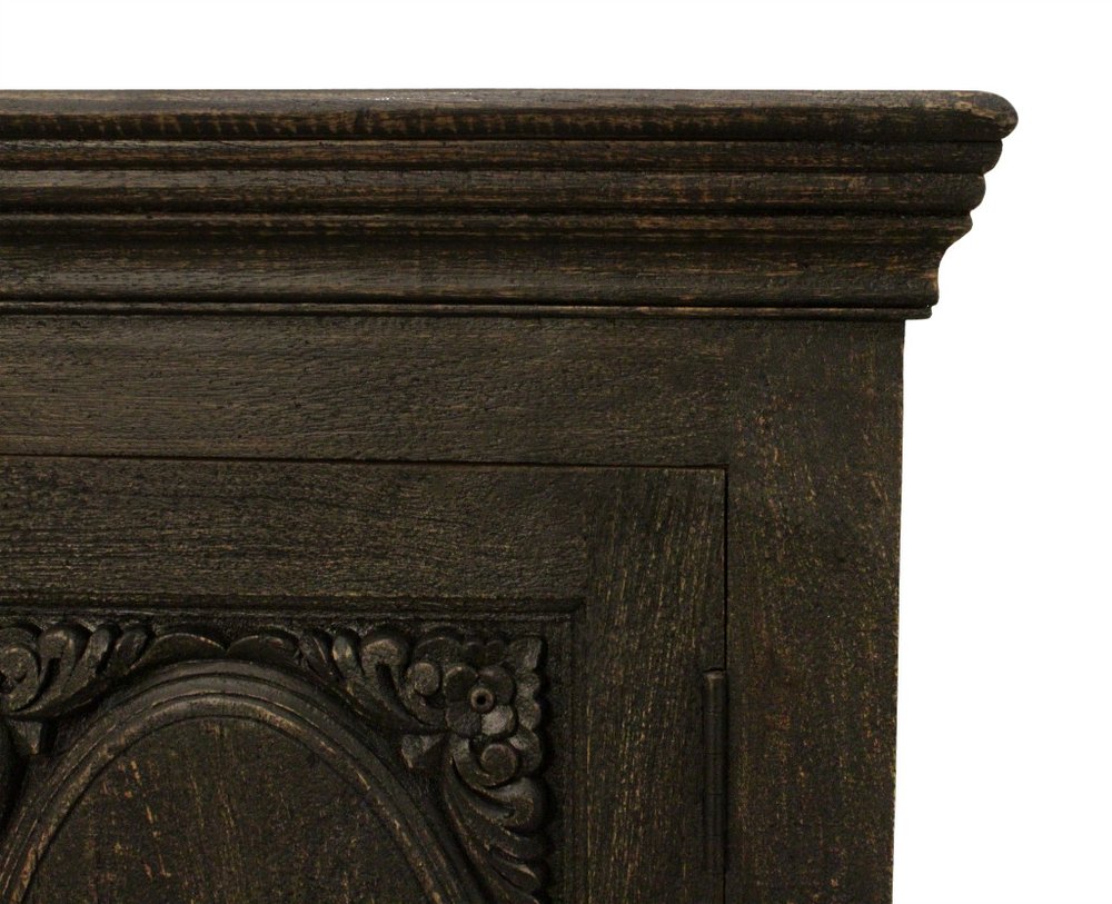 73" Black Distressed Solid Wood Carved Floral Sideboard with Four Doors