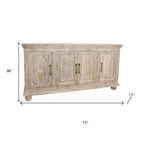 73" Antiqued White Distressed Solid Wood Carved Floral Sideboard with Four Doors