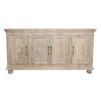 73" Antiqued White Distressed Solid Wood Carved Floral Sideboard with Four Doors