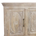 73" Antiqued White Distressed Solid Wood Carved Floral Sideboard with Four Doors