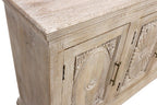 73" Antiqued White Distressed Solid Wood Carved Floral Sideboard with Four Doors