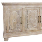 73" Antiqued White Distressed Solid Wood Carved Floral Sideboard with Four Doors